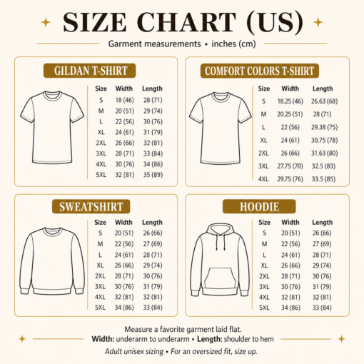 LuxePersona size chart for Gildan T-Shirt, Comfort Colors T-Shirt, sweatshirt and hoodie