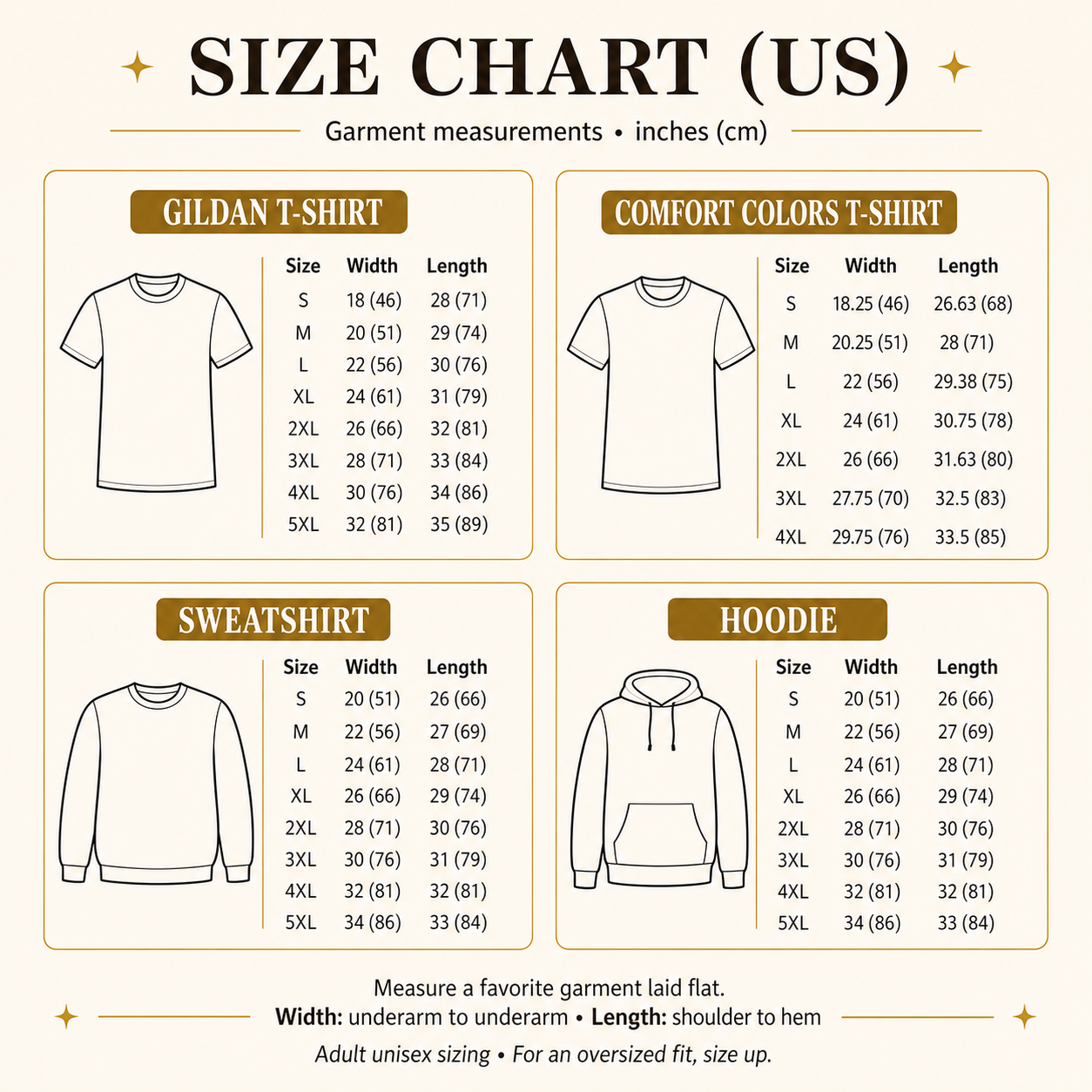 LuxePersona Size Chart - Gildan Comfort Colors Sweatshirt Hoodie LuxePersona size chart for Gildan T-Shirt, Comfort Colors T-Shirt, sweatshirt and hoodie